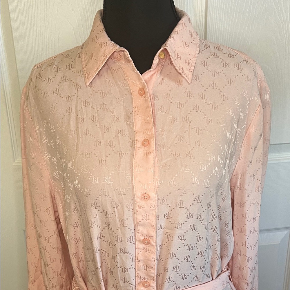Lauren Ralph Lauren Light Pink Logo Button Down Belted Shirt Dress Maxi Size 8 - Picture 3 of 11